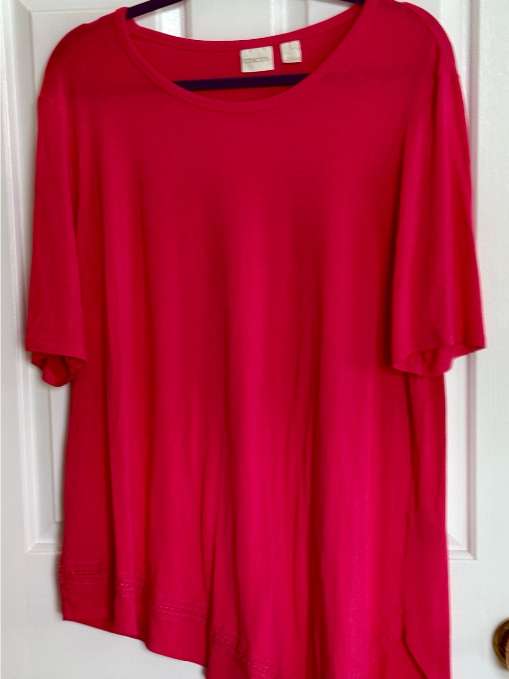 Chico's Coral Pink Round Neck 3/4 Sleeve Rayon Spandex Knit Tunic Top Sz Large